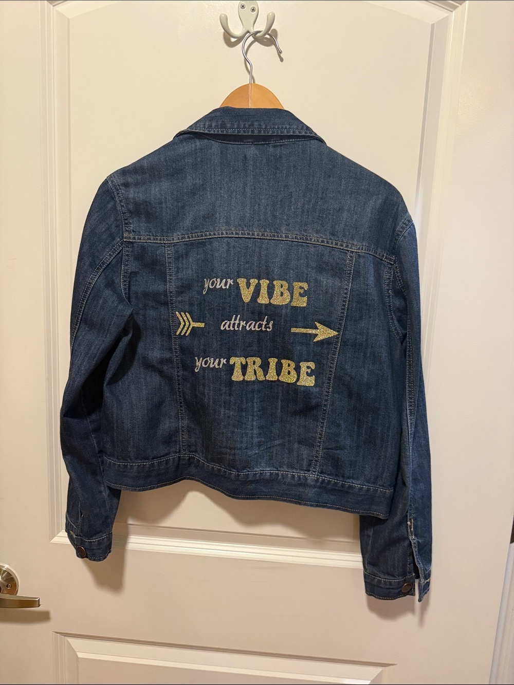 Dark Denim Jacket with Gold Script - Your Vibe Attracts Your Tribe ✨- S - EUC